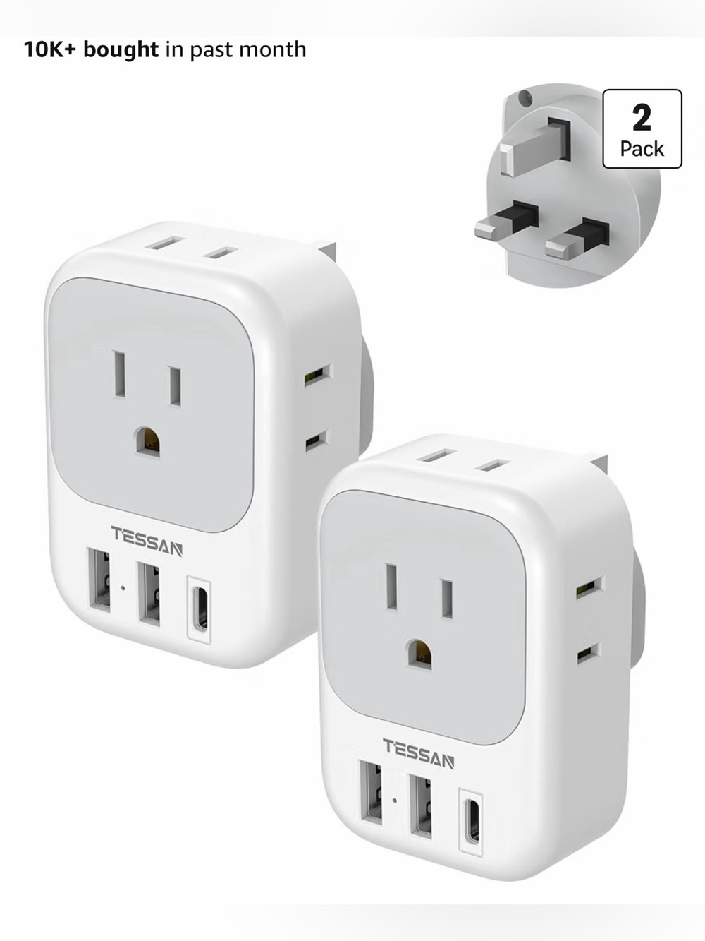 2 Pack Tessan UK Adapter For Travel - Type G